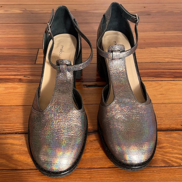 Mellow Yellow Paris Silver/Gray Iridescent Leather T-Strap Block Heels - EU 40 - Picture 4 of 11